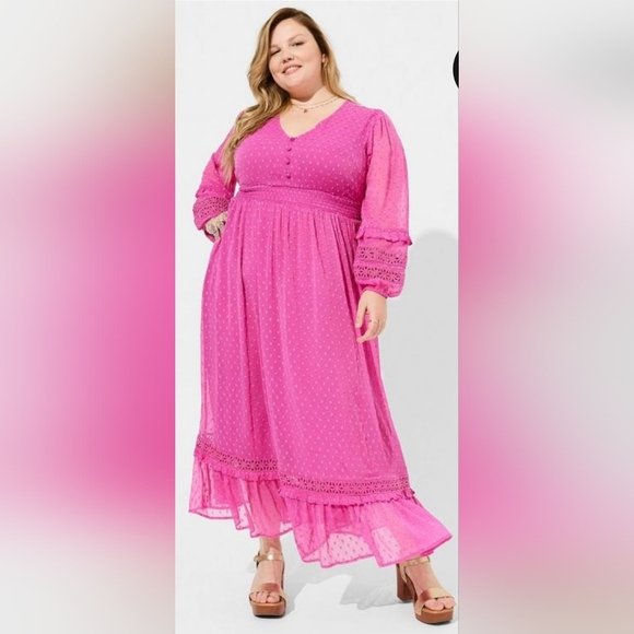 NWT Torrid Festi Chiffon Clip Dot Ruffle Sleeve Maxi Dress NEW - Picture 2 of 8